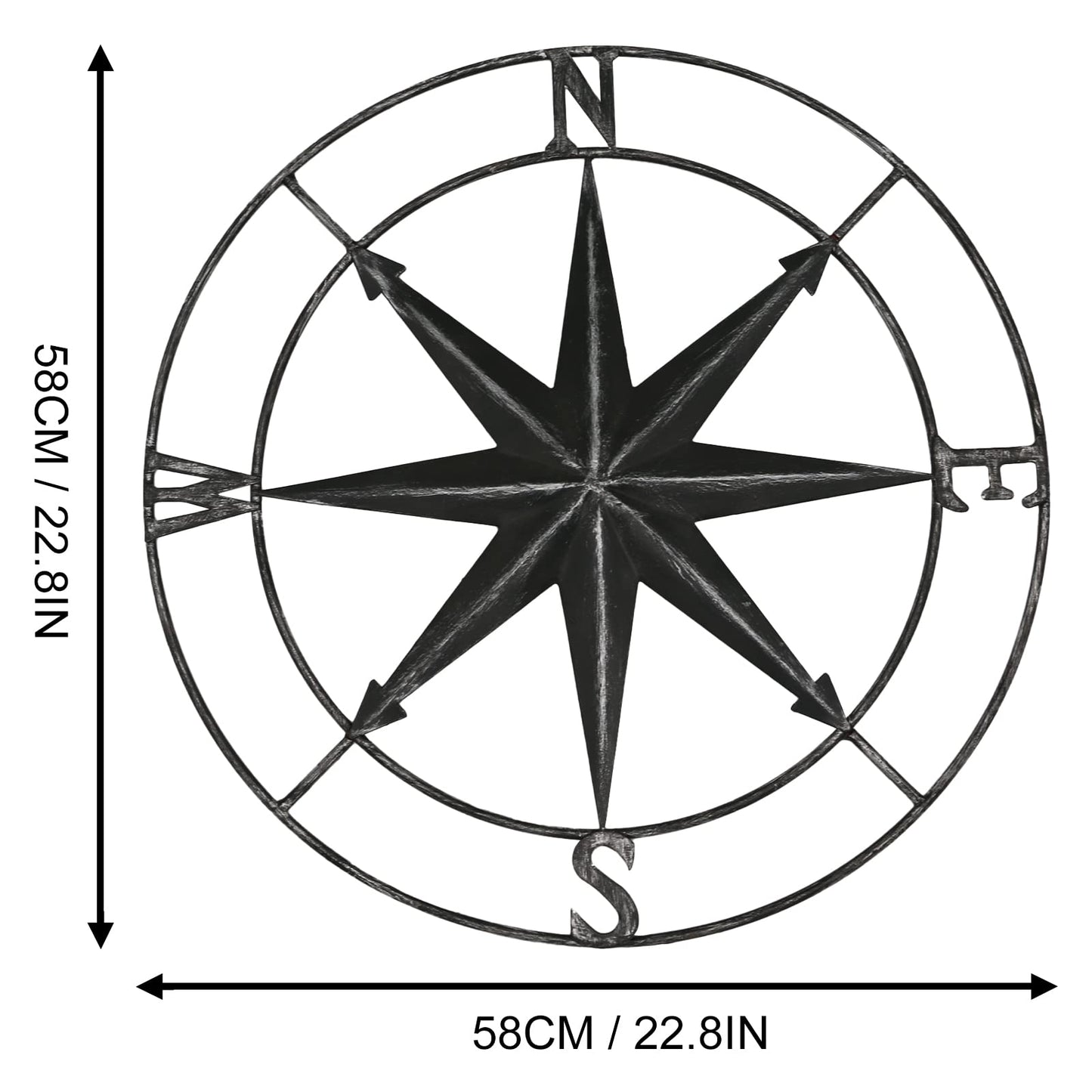 Round Metal Compass Decorative Compass Metal Wall Art Hanging Wall Sculpture 22.8 Inch Black Diameter Farmhouse Decor Indoor or Outdoor Sign