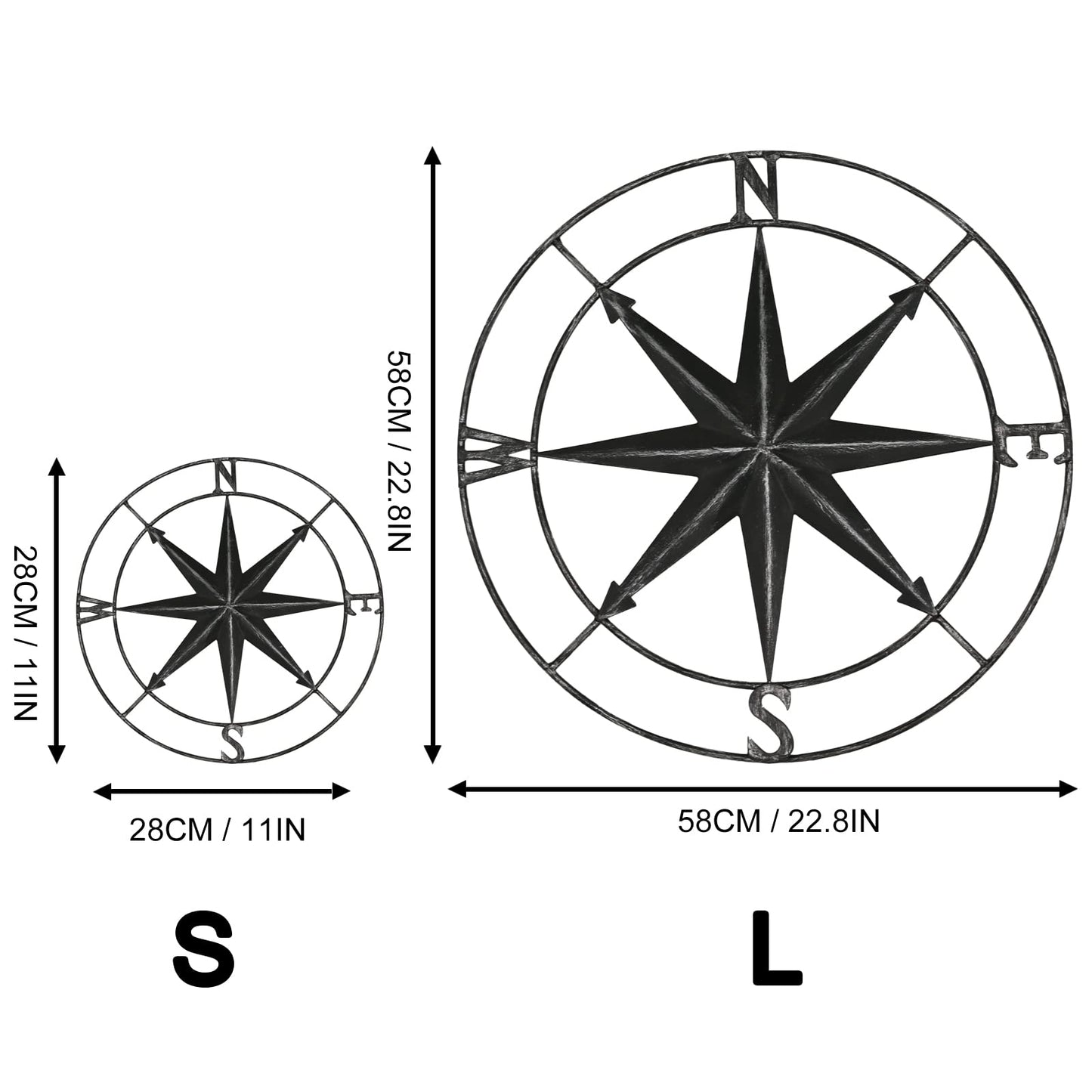 Round Metal Compass Decorative Compass Metal Wall Art Hanging Wall Sculpture 22.8 Inch Black Diameter Farmhouse Decor Indoor or Outdoor Sign