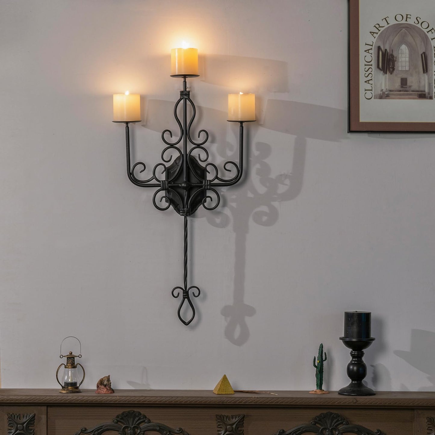 Large Wall Sconce Candle Holder，3 Iron Candelabra,Gothic Victorian Metal Wall Decor，Oversized Wall Candle Sconces，Retro Black Wall Sconces for Home,Living Room, Bathroom, Dining Room，Set of 1