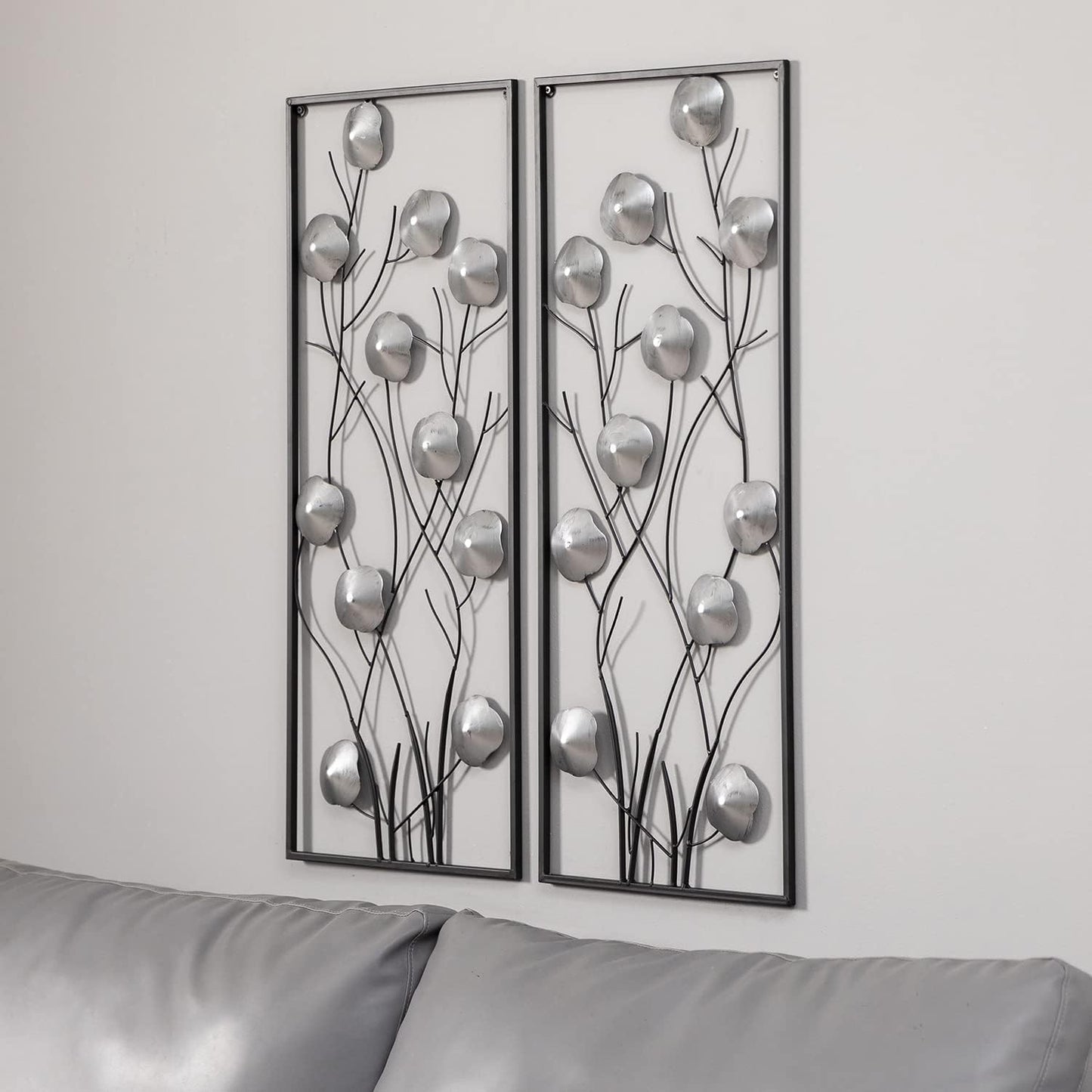 Metal Floral Wall Decor, Metal Wall Art Set of 2, Tall Cutout Wall Sculpture with Black Frame, Modern Wall Hanging Decoration for Home Bedroom Living Room Study Office, 14.6”L x 35.4”H, Sliver