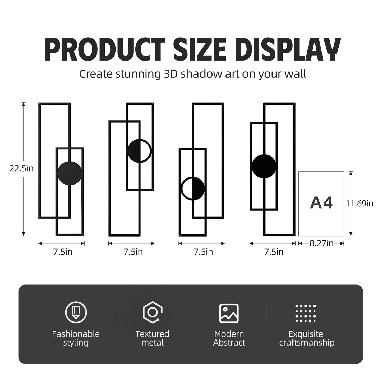Abstract Black Metal Wall Art for Living Room, 4 Pack Large Wall Sculptures Minimalist Modern 3D Textured Geometric Metal Wall Decor for Bedroom Bathroom Kitchen Study