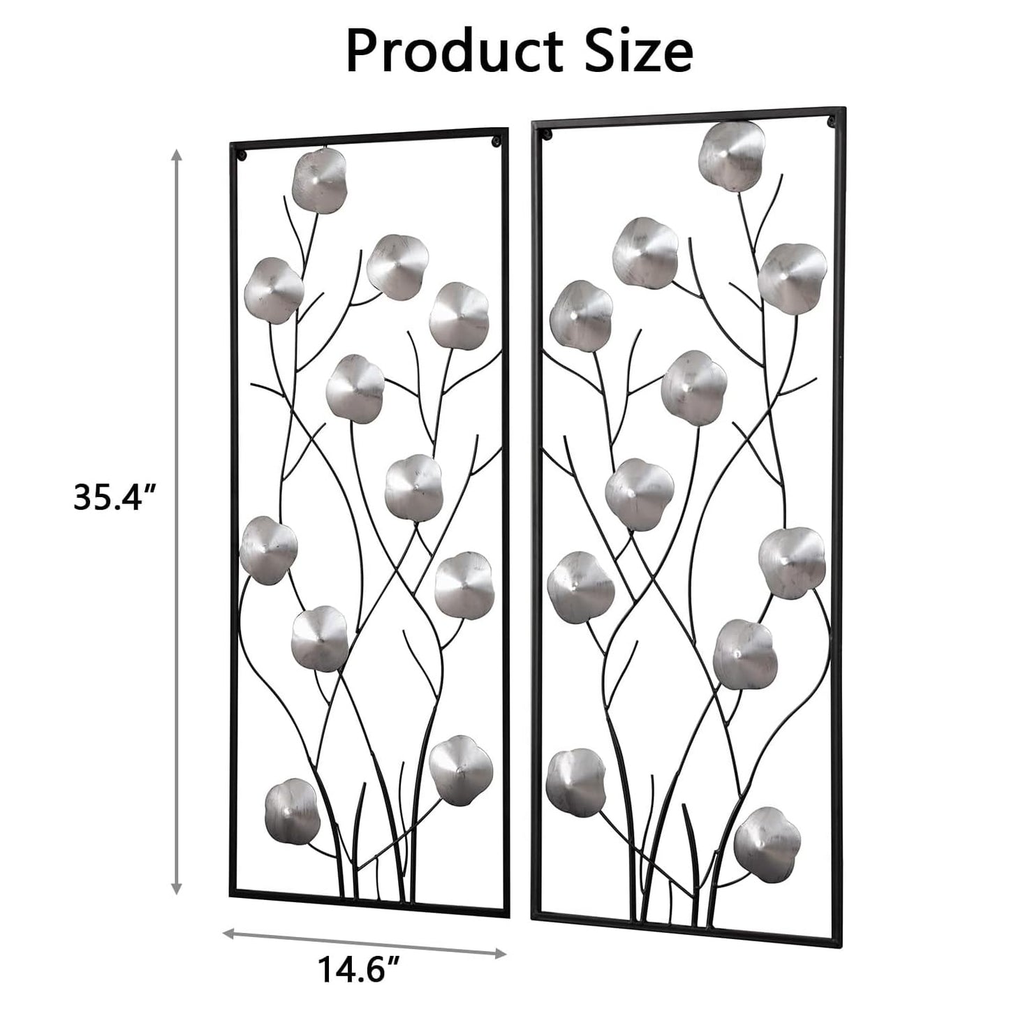 Metal Floral Wall Decor, Metal Wall Art Set of 2, Tall Cutout Wall Sculpture with Black Frame, Modern Wall Hanging Decoration for Home Bedroom Living Room Study Office, 14.6”L x 35.4”H, Sliver