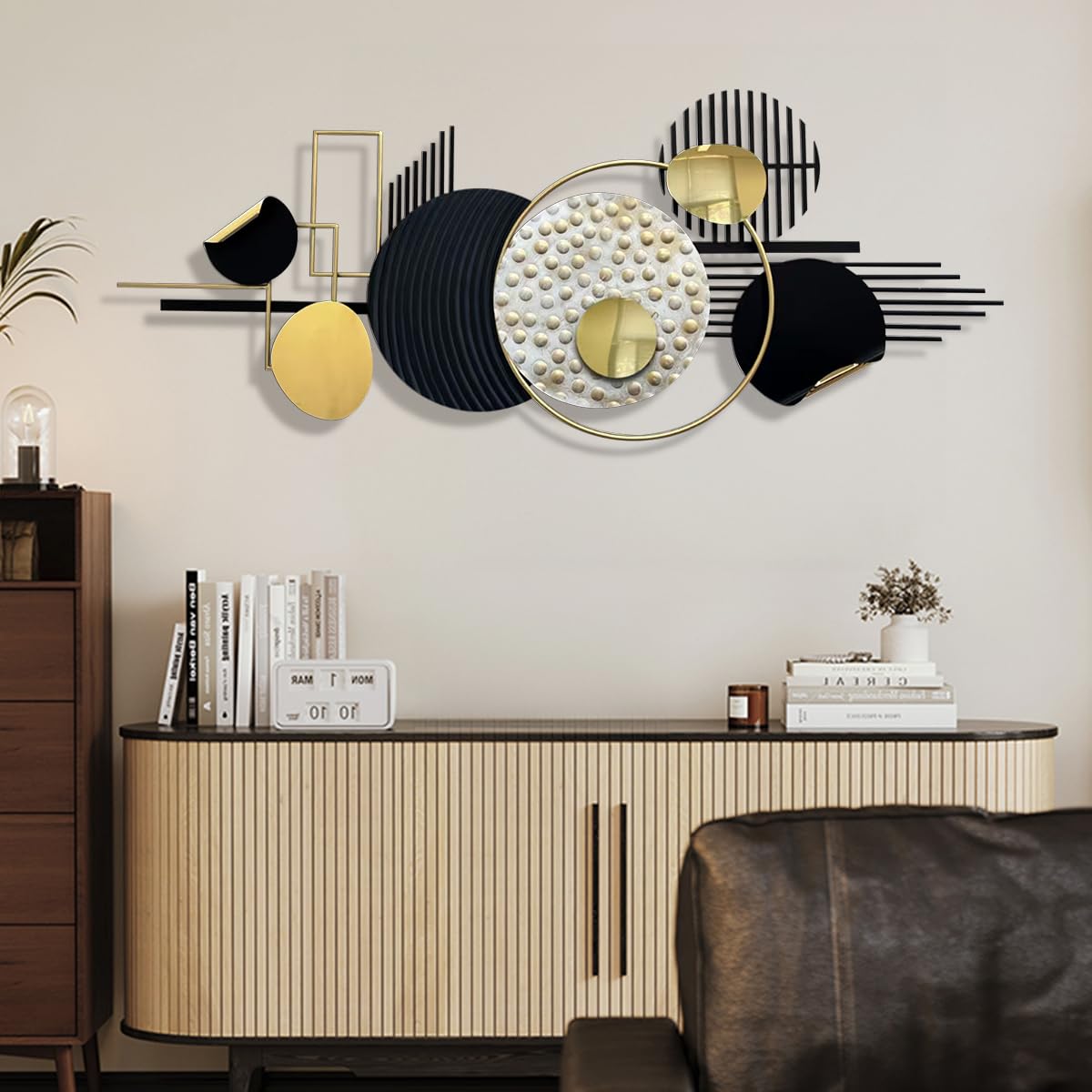 ERMOFAV Metal Wall Art Modern Art Black and Gold Boho Living Room Decor Art Abstract Geometric Sculptures Large Wall Decor for Living Room Dining Room Bedroom Aathroom