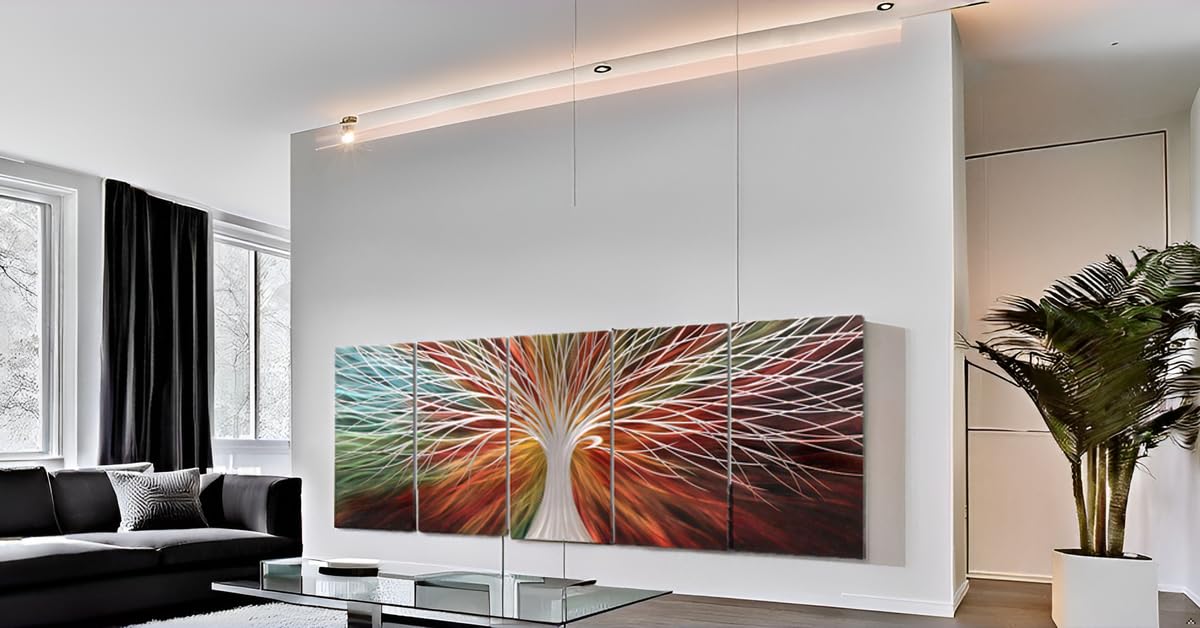 Yihui Arts Abstract Metal Wall Art - Tree Of Life Hand Crafted 5 Pieces Panels Large Big Unique 3D Aluminum Modern Contemporary Home Accent