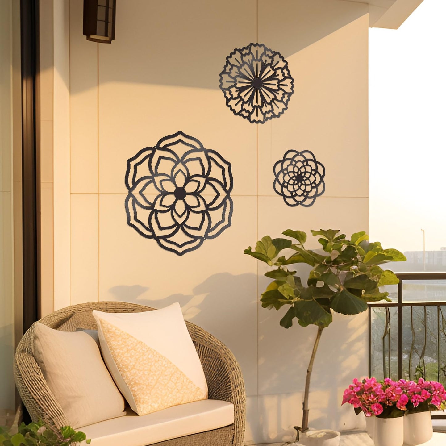 Zzbakress 3 Pcs Metal Flowers Wall Decor Black Wall Decoration Metal Flower Art Farmhouse Wall Decor Multiple Flowers Hanging Decor for Bathroom Living Room Kitchen Garden Office (Black Retro)