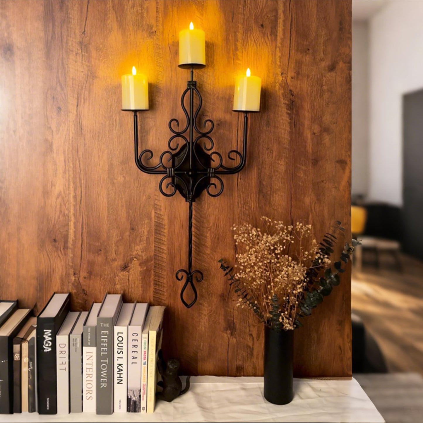 Large Wall Sconce Candle Holder，3 Iron Candelabra,Gothic Victorian Metal Wall Decor，Oversized Wall Candle Sconces，Retro Black Wall Sconces for Home,Living Room, Bathroom, Dining Room，Set of 1