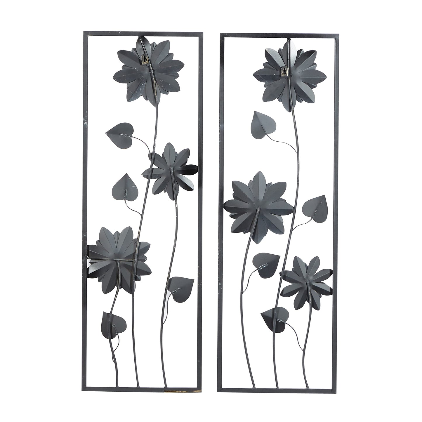 Deco 79 Metal Floral Home Wall Decor Wall Sculpture with Black Frame, Set of 2 Wall Art 12"W, 36"H, Gray