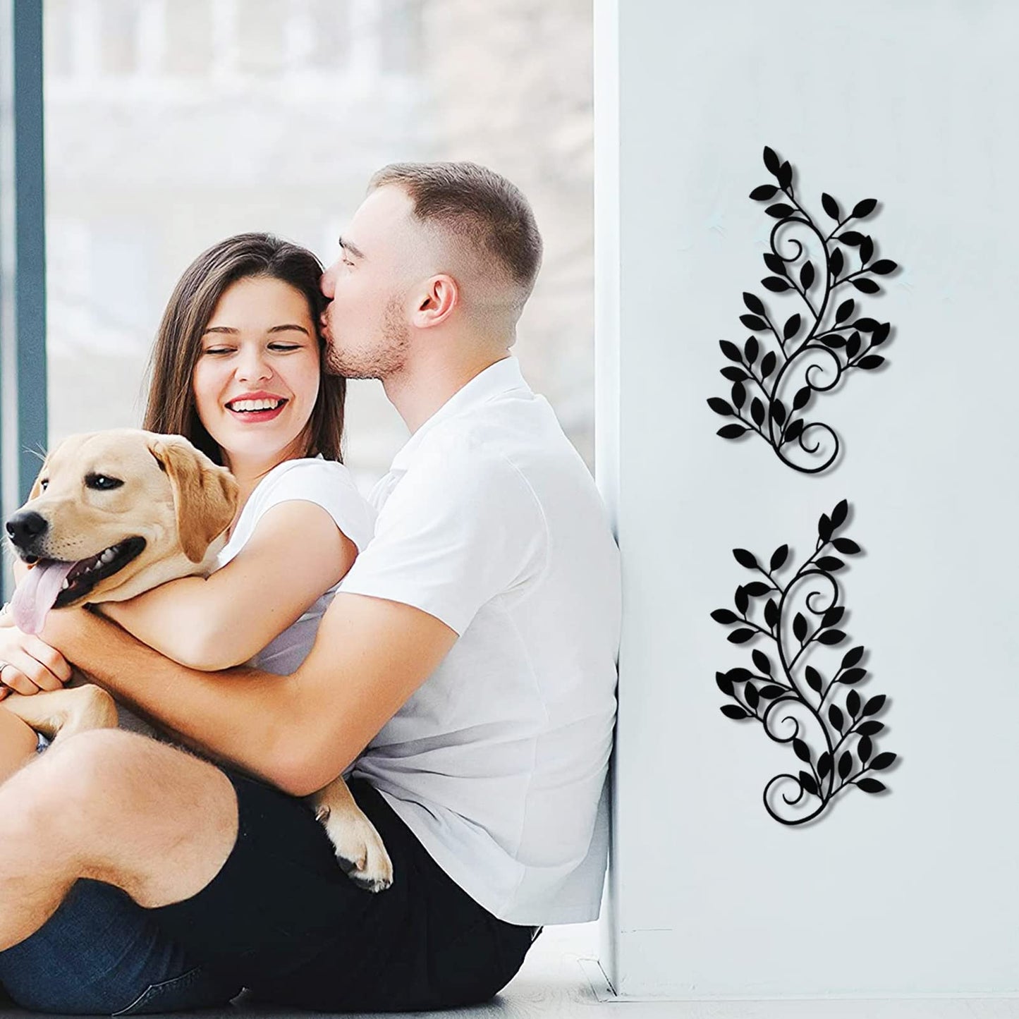 2 Pieces Metal Tree Leaf Wall Decor Vine Olive Branch Leaf Wall Art Wrought Iron Scroll Sculptures for Above the Bed, Living Room, Bathroom, Hallway, Office, Outdoor Decoration (Black)