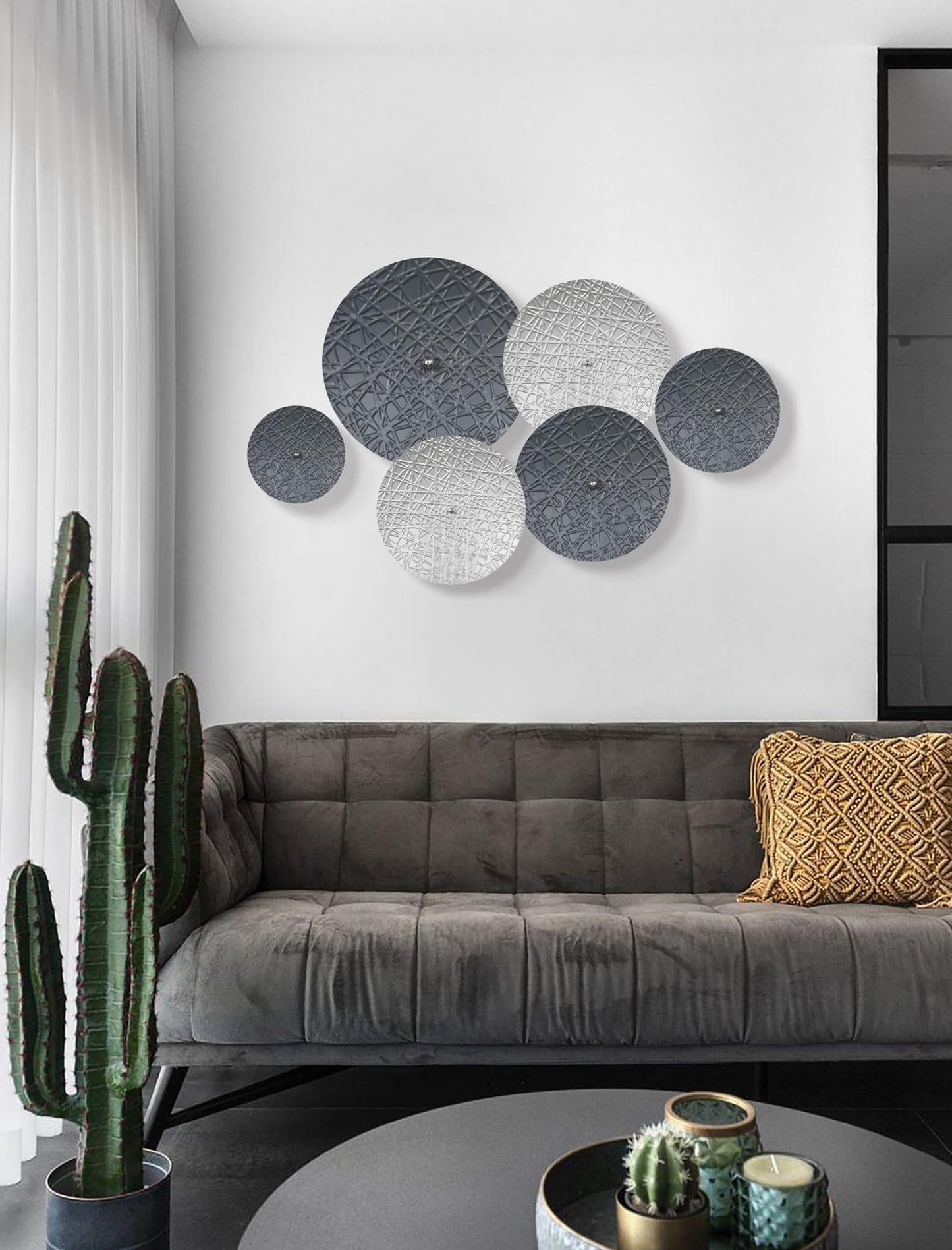 TEIPAI Silver and Gray Metal Wall Decor for Living Room, 7PCS Hanging Wall Art Sculptures for Office Dining Room Decoration, Modern Silver Home Decor for Apartment Bedroom New Home Gift