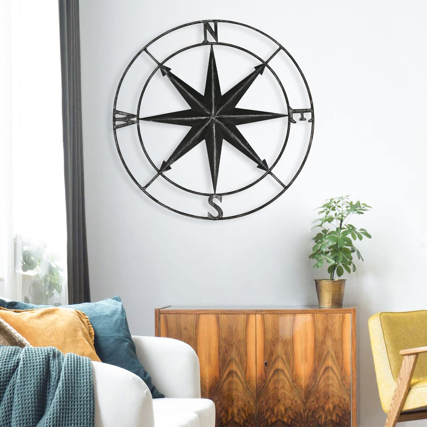 Round Metal Compass Decorative Compass Metal Wall Art Hanging Wall Sculpture 22.8 Inch Black Diameter Farmhouse Decor Indoor or Outdoor Sign