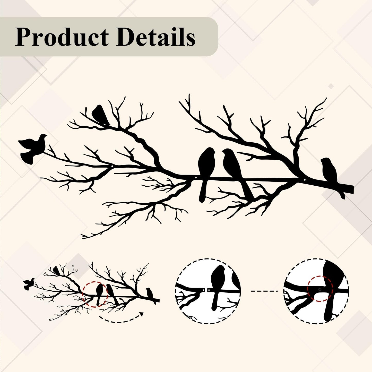 ESTART Metal Birds Wall Art, Metal Vivid Birds on Branch Silhouette Wall Decor Black Leaves with Bird Outdoor Hanging Wall Sculpture for Home Balcony Garden(Large)
