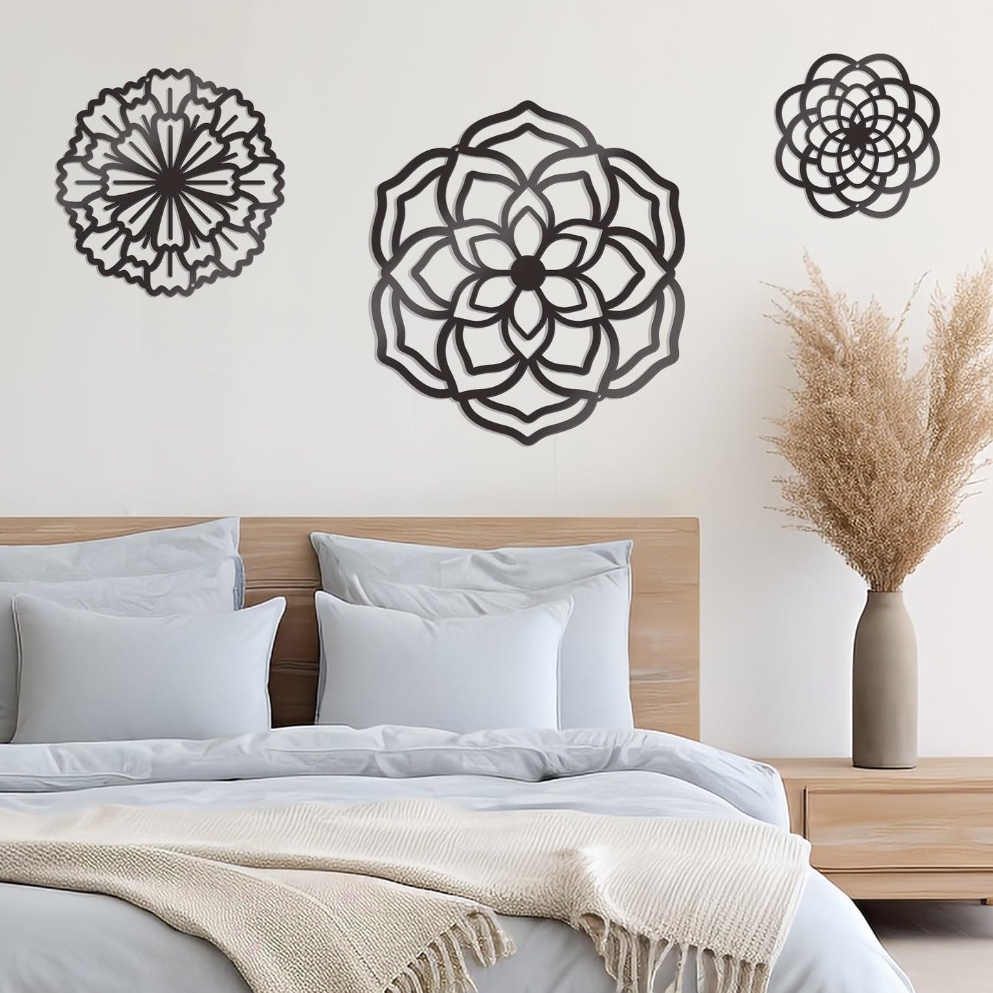 Zzbakress 3 Pcs Metal Flowers Wall Decor Black Wall Decoration Metal Flower Art Farmhouse Wall Decor Multiple Flowers Hanging Decor for Bathroom Living Room Kitchen Garden Office (Black Retro)