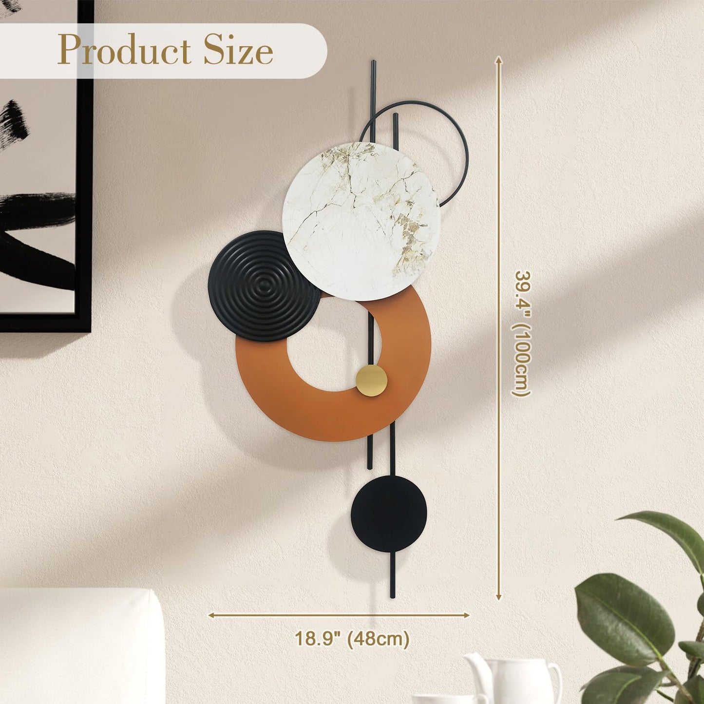 BECHAEO 3D Large Metal Wall Art Decor for Living Room 40"x19" Round Wall Accents Modern Luxury Wall Sculptures Hanging Wall Deco for Dinning Room Bedroom Entryway Office Outdoor