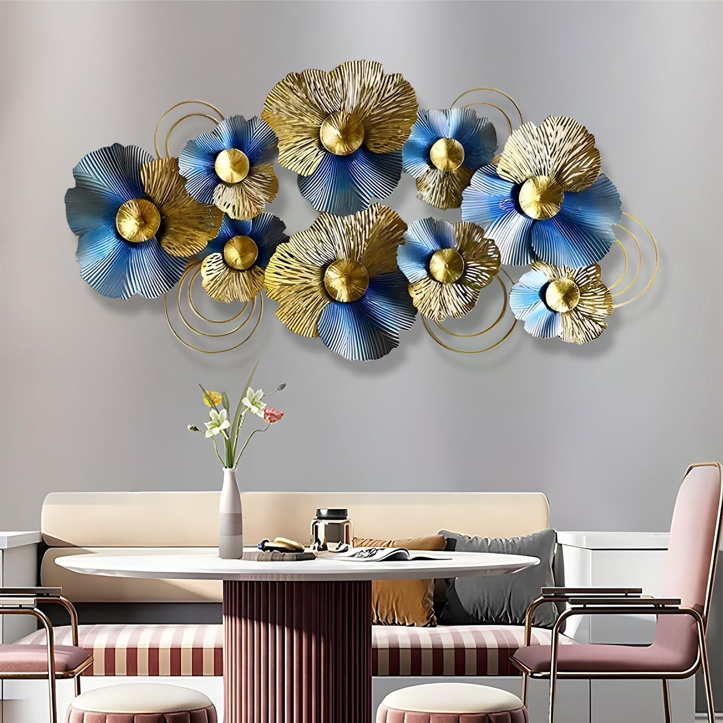 edaknez Metal Wall Decor for Living Room, Extra Large Metal Wall Art, 3D Modern Leaves Wall Decoration, Lotus Flower Wall Hanging Sculpture, for Indoor Outdoor, Blue & Gold (A 130x66x6cm)
