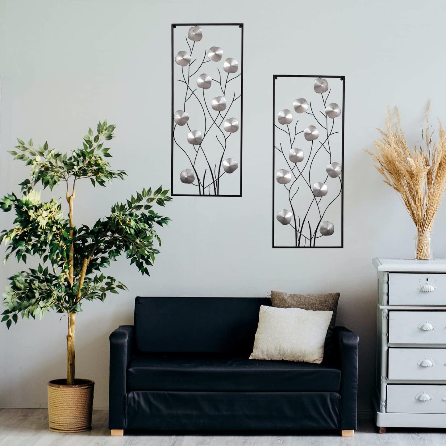 Metal Floral Wall Decor, Metal Wall Art Set of 2, Tall Cutout Wall Sculpture with Black Frame, Modern Wall Hanging Decoration for Home Bedroom Living Room Study Office, 14.6”L x 35.4”H, Sliver