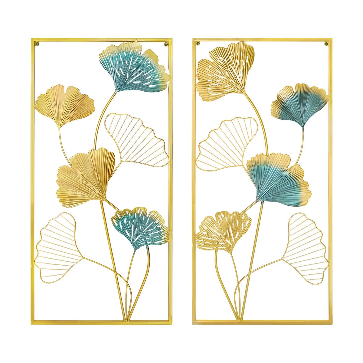 XUANYUQL Metal Wall Art Set of 2 Gold Wall Decor Ginkgo Leaf Wall Decorations with Frame for Living Room Bedroom Study Room Home Office (33.5" X 15.75")