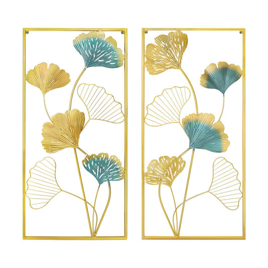 XUANYUQL Metal Wall Art Set of 2 Gold Wall Decor Ginkgo Leaf Wall Decorations with Frame for Living Room Bedroom Study Room Home Office (33.5" X 15.75")