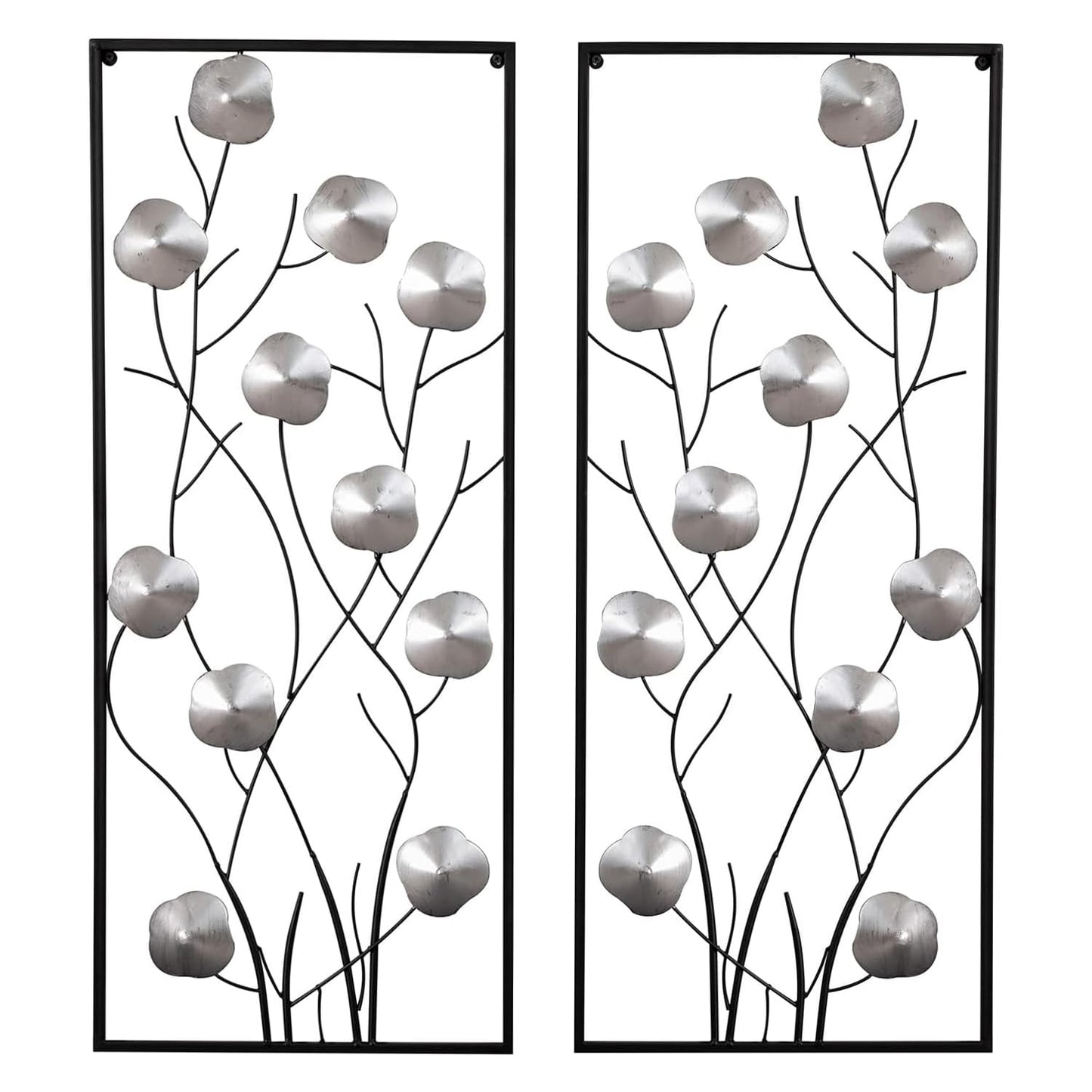 Metal Floral Wall Decor, Metal Wall Art Set of 2, Tall Cutout Wall Sculpture with Black Frame, Modern Wall Hanging Decoration for Home Bedroom Living Room Study Office, 14.6”L x 35.4”H, Sliver