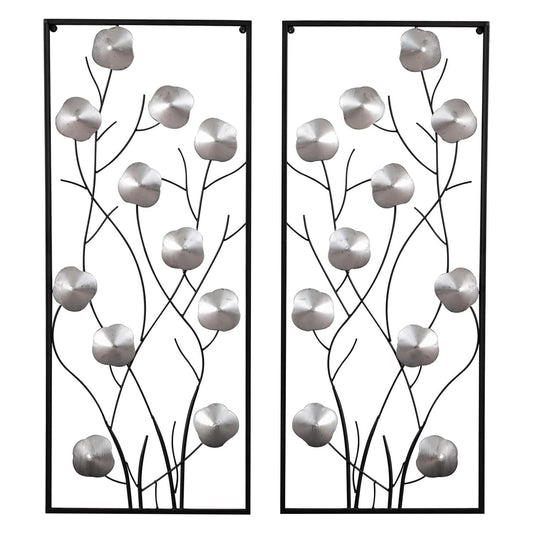 Metal Floral Wall Decor, Metal Wall Art Set of 2, Tall Cutout Wall Sculpture with Black Frame, Modern Wall Hanging Decoration for Home Bedroom Living Room Study Office, 14.6”L x 35.4”H, Sliver
