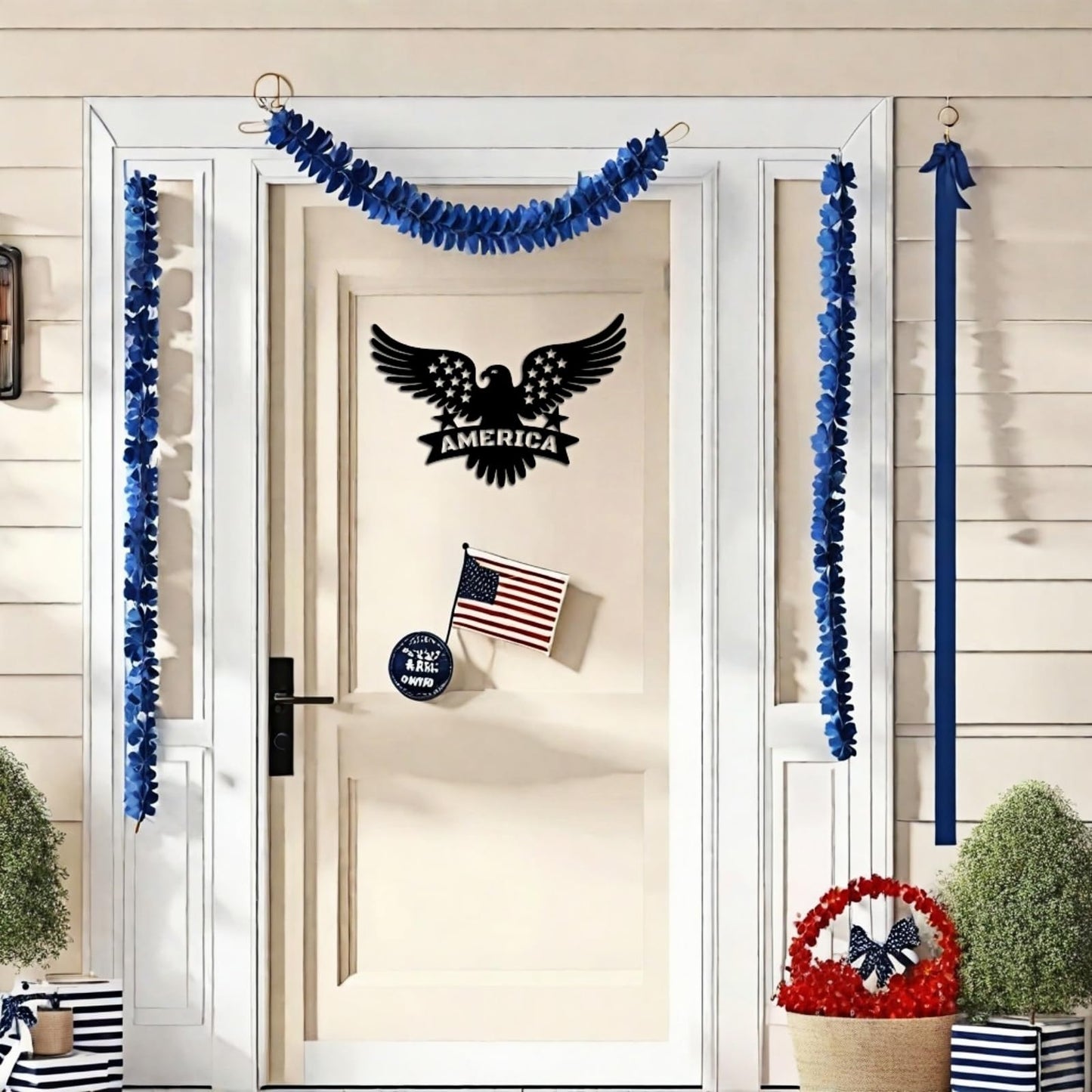 American Eagle Metal Wall Decor - Patriotic Bald Eagle with Stars & Stripes, 4th of July Independence Day Hanging Art for Outdoor/Indoor, Office, Bedroom (13.8x9.85 Inch)