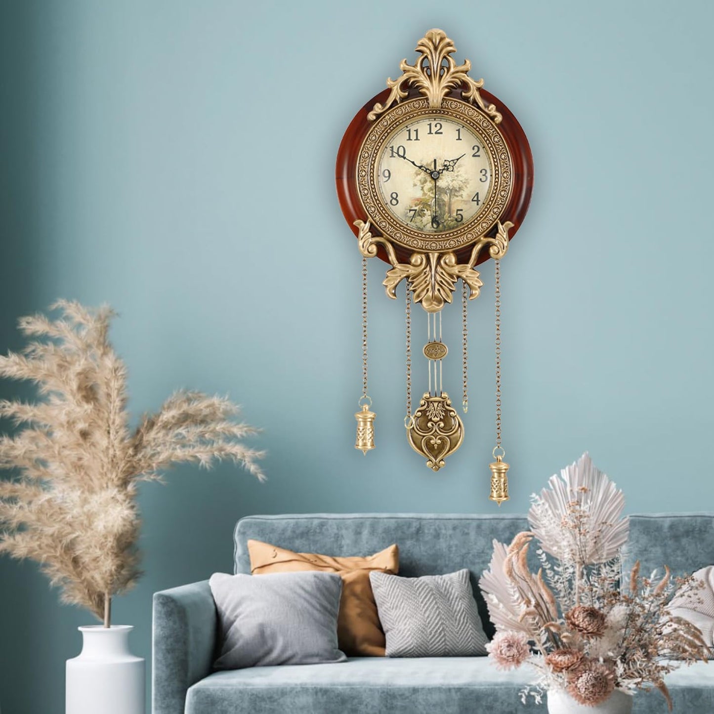 Aero Snail Dia 9-inch Retro Style Vintage Wood Indoor Wall Clock with Swinging Pendulum (Requires 2 AA Batteries for Clock Hands and Pendulum)