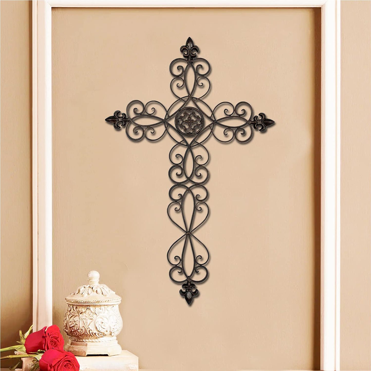 Retrome 28" H Large Iron Cross Wall Decor for Home, Fleur-De-Lis Accents, Dark Bronze