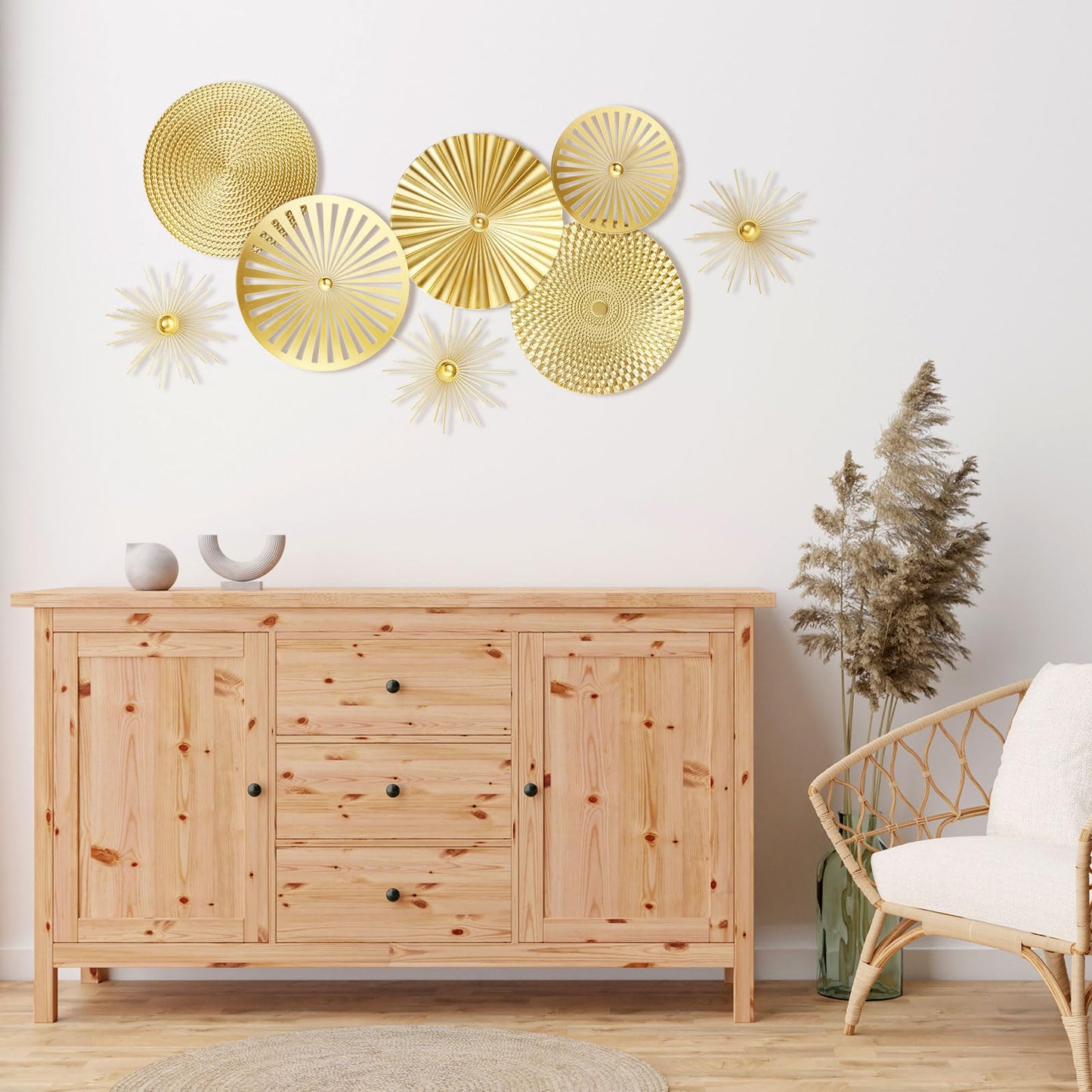 Lingvee 8 Pcs Gold Wall Decor Modern Metal Decor Metal Starbursts Radial Plate Art Hanging Decorative Wall Decorations for Home Bedroom Bathroom Living Room Office Sculpture(Gold)