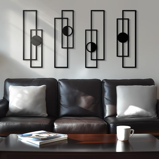Abstract Black Metal Wall Art for Living Room, 4 Pack Large Wall Sculptures Minimalist Modern 3D Textured Geometric Metal Wall Decor for Bedroom Bathroom Kitchen Study