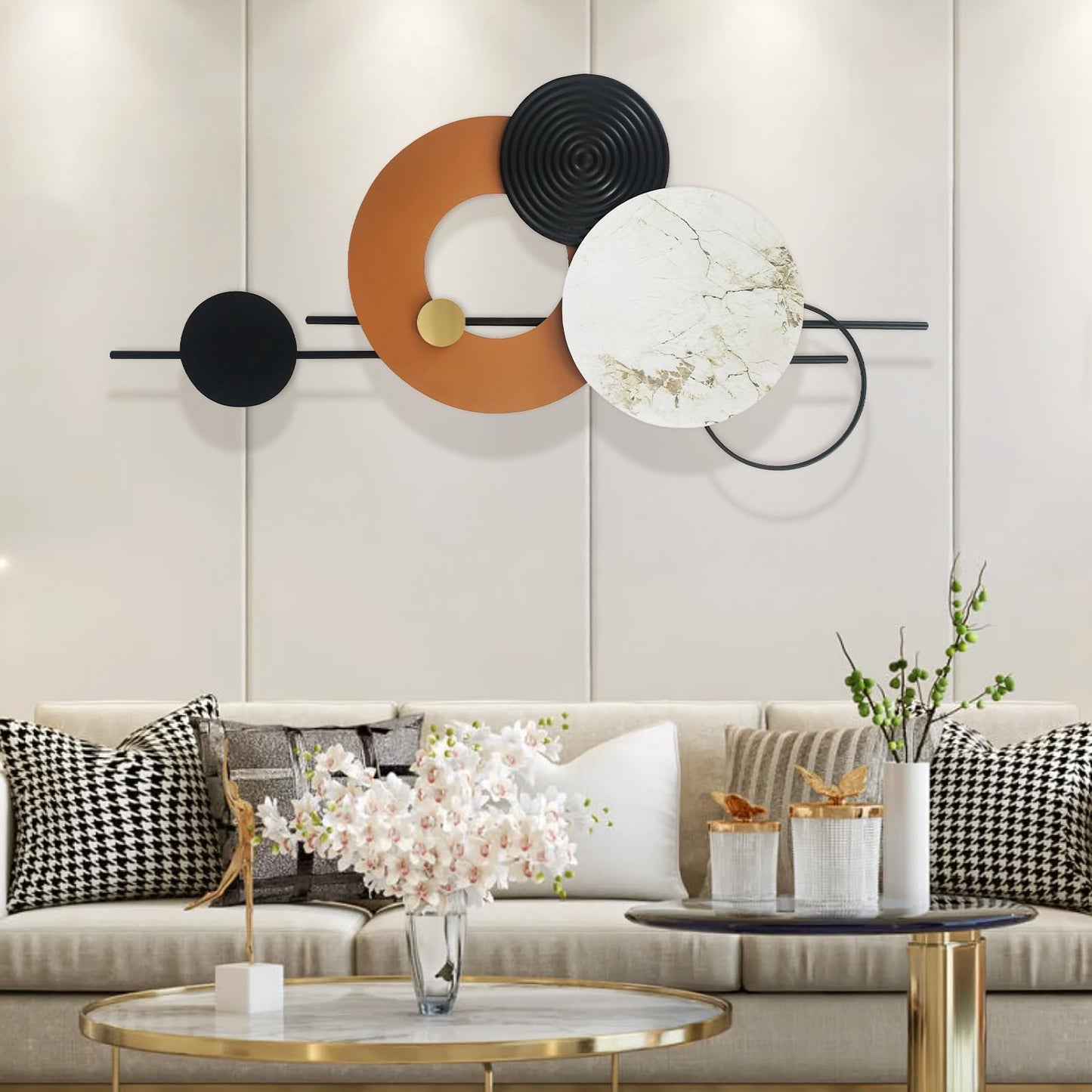 BECHAEO 3D Large Metal Wall Art Decor for Living Room 40"x19" Round Wall Accents Modern Luxury Wall Sculptures Hanging Wall Deco for Dinning Room Bedroom Entryway Office Outdoor