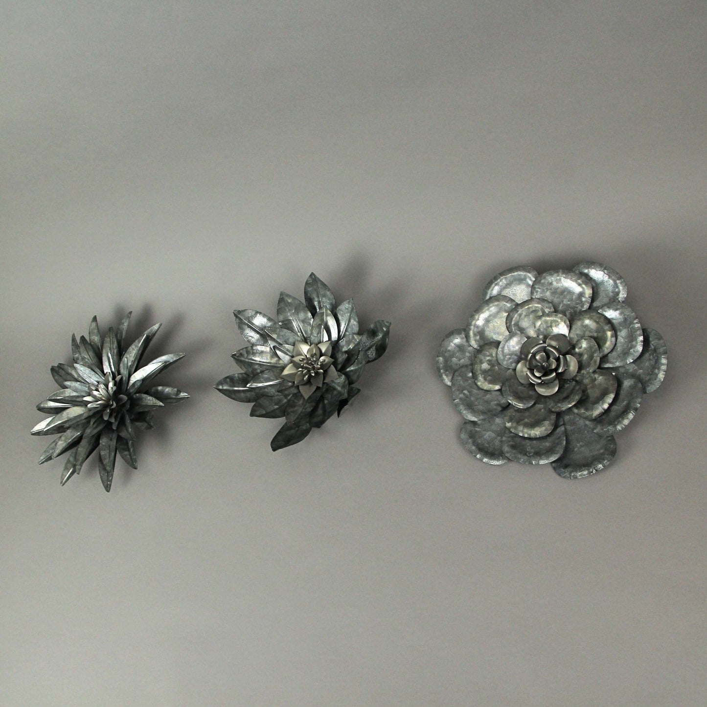 Zeckos Set of 3 Galvanized Metal Flower Wall Hanging Sculptures Home Decor Floral Art 10 Inches High - Nature Accents For Country or Farmhouse - Easy Install