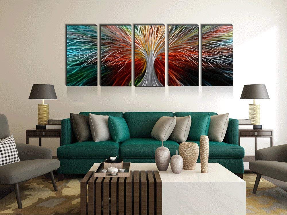 Yihui Arts Abstract Metal Wall Art - Tree Of Life Hand Crafted 5 Pieces Panels Large Big Unique 3D Aluminum Modern Contemporary Home Accent