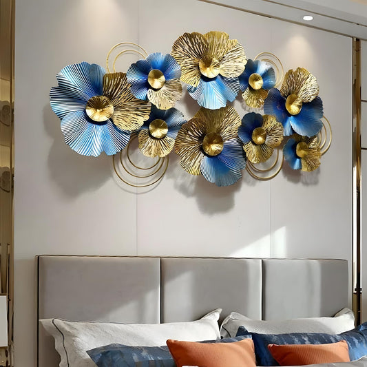 edaknez Metal Wall Decor for Living Room, Extra Large Metal Wall Art, 3D Modern Leaves Wall Decoration, Lotus Flower Wall Hanging Sculpture, for Indoor Outdoor, Blue & Gold (A 130x66x6cm)