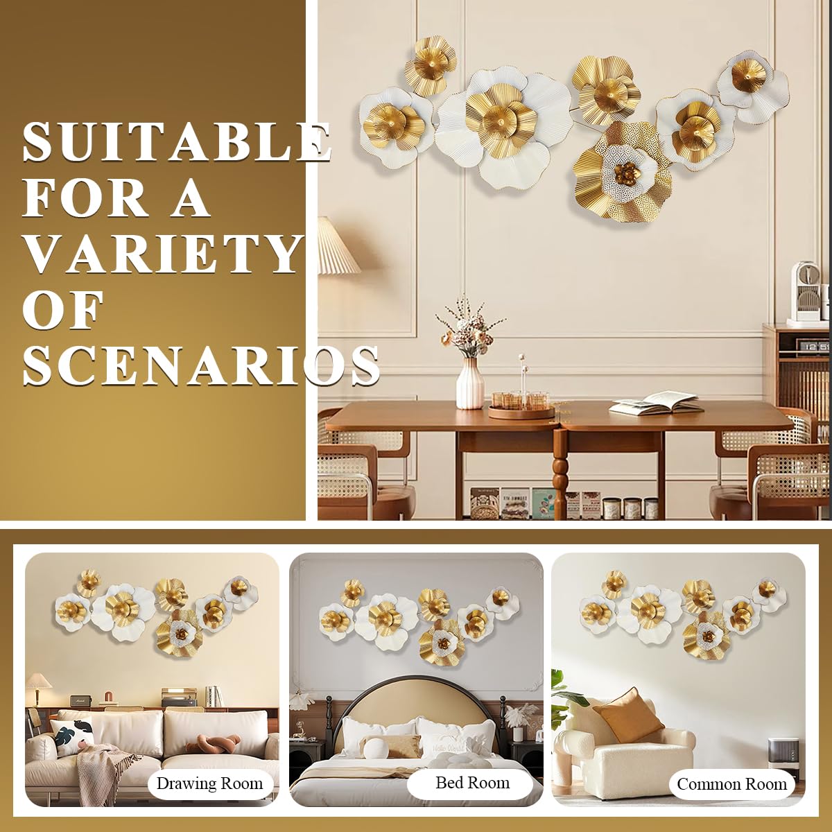 White Gold Abstract Wall Decor - Modern Metal Wall Sculptures, Large 3D Vertical 49"*25" Flower Wall Decor for Living Room, Dining Room, Bedroom