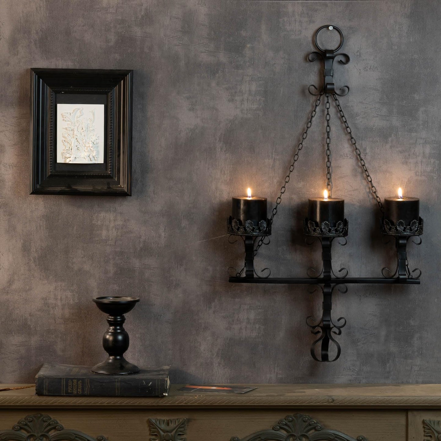 Black Wall Candle Sconces,3 Iron Candelabra,Gothic Victorian Decor,Rustic Wall Candle Holder for Bathroom,Living Room,Dining Room
