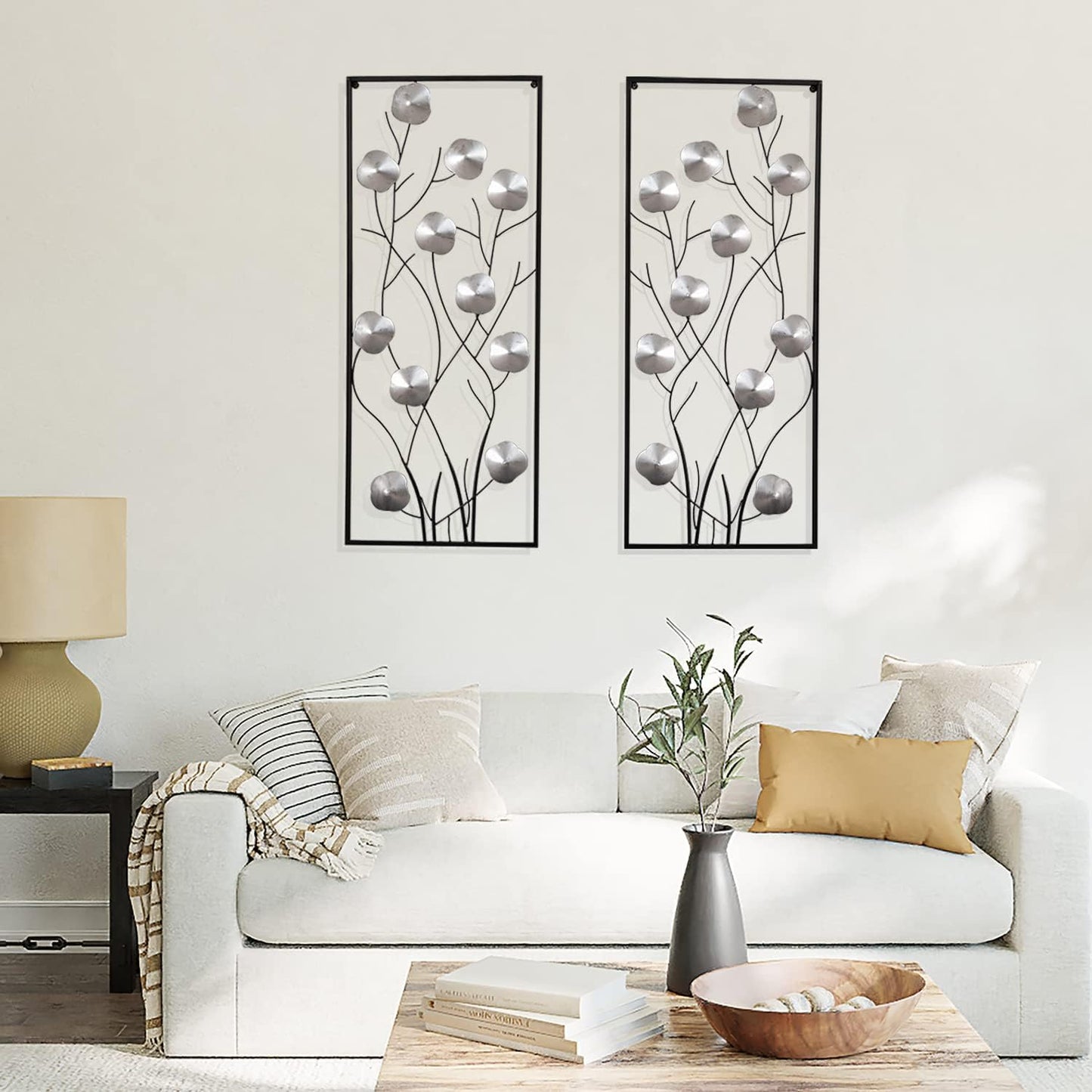 Metal Floral Wall Decor, Metal Wall Art Set of 2, Tall Cutout Wall Sculpture with Black Frame, Modern Wall Hanging Decoration for Home Bedroom Living Room Study Office, 14.6”L x 35.4”H, Sliver