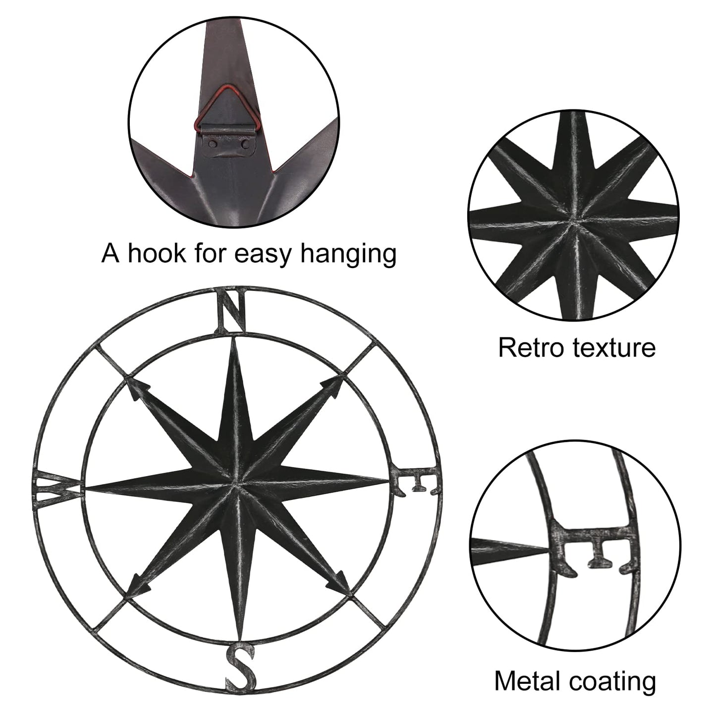 Round Metal Compass Decorative Compass Metal Wall Art Hanging Wall Sculpture 22.8 Inch Black Diameter Farmhouse Decor Indoor or Outdoor Sign