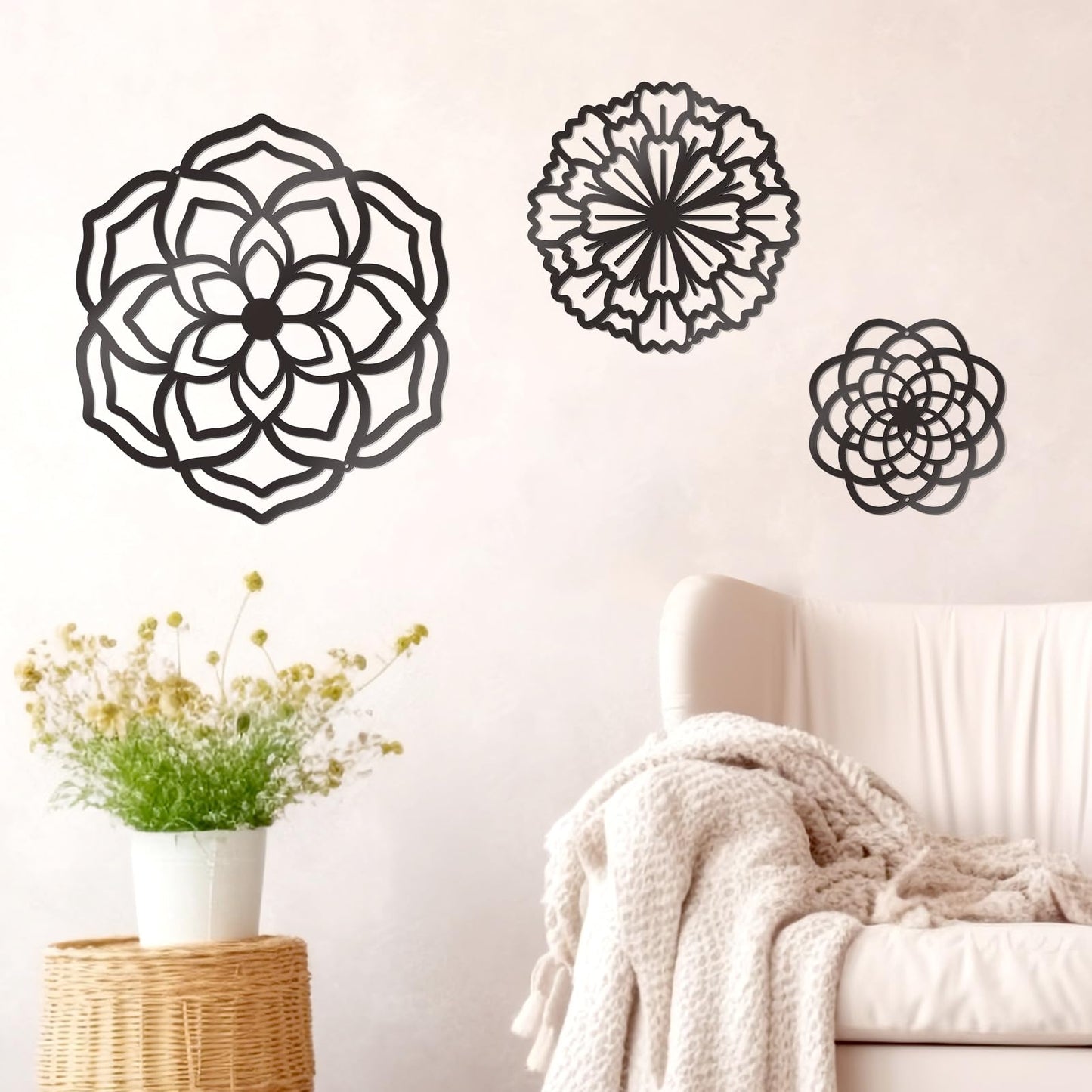 Zzbakress 3 Pcs Metal Flowers Wall Decor Black Wall Decoration Metal Flower Art Farmhouse Wall Decor Multiple Flowers Hanging Decor for Bathroom Living Room Kitchen Garden Office (Black Retro)