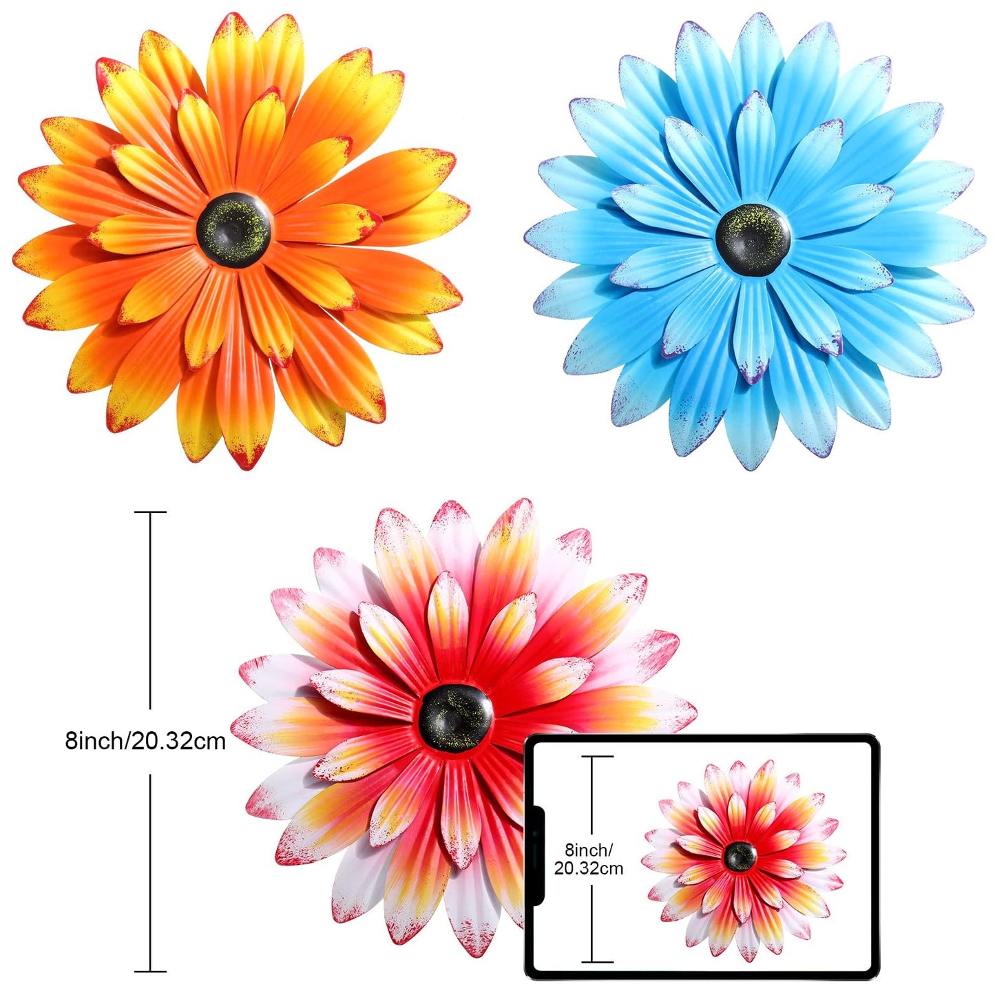 Hotop 3 Pcs Metal Flower Wall Art 3D Metal Daisy Wall Decor Multiple Layer Hanging Flower Rustic Farmhouse Boho Style Decorations for Indoor Outdoor Home Living Room Office Garden, 8 Inches(Vivid)