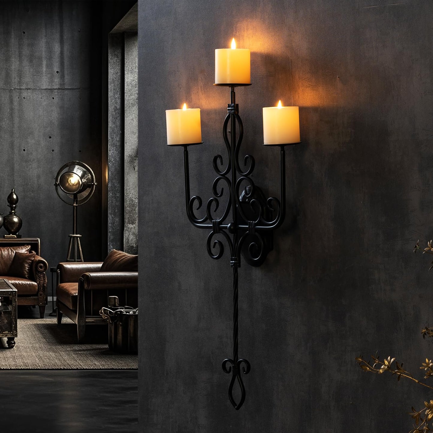 Large Wall Sconce Candle Holder，3 Iron Candelabra,Gothic Victorian Metal Wall Decor，Oversized Wall Candle Sconces，Retro Black Wall Sconces for Home,Living Room, Bathroom, Dining Room，Set of 1