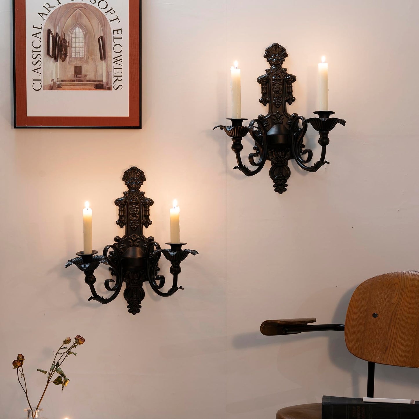 Candle Sconce(Set of 2)-Metal Gothic Wall Decorations-Rustic Home Decor-Black Wall Candle Sconces,Ideal for Stick Candles