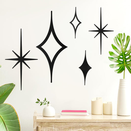 5 Pieces Midcentury Modern Wall Decor Metal Vintage Starburst Art Mid Century Modern Elegance Wall Accents Diamond Star Bursts Vintage Style Home Decoration(Black)
