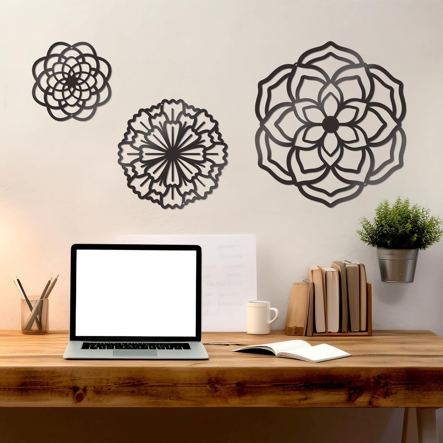 Zzbakress 3 Pcs Metal Flowers Wall Decor Black Wall Decoration Metal Flower Art Farmhouse Wall Decor Multiple Flowers Hanging Decor for Bathroom Living Room Kitchen Garden Office (Black Retro)