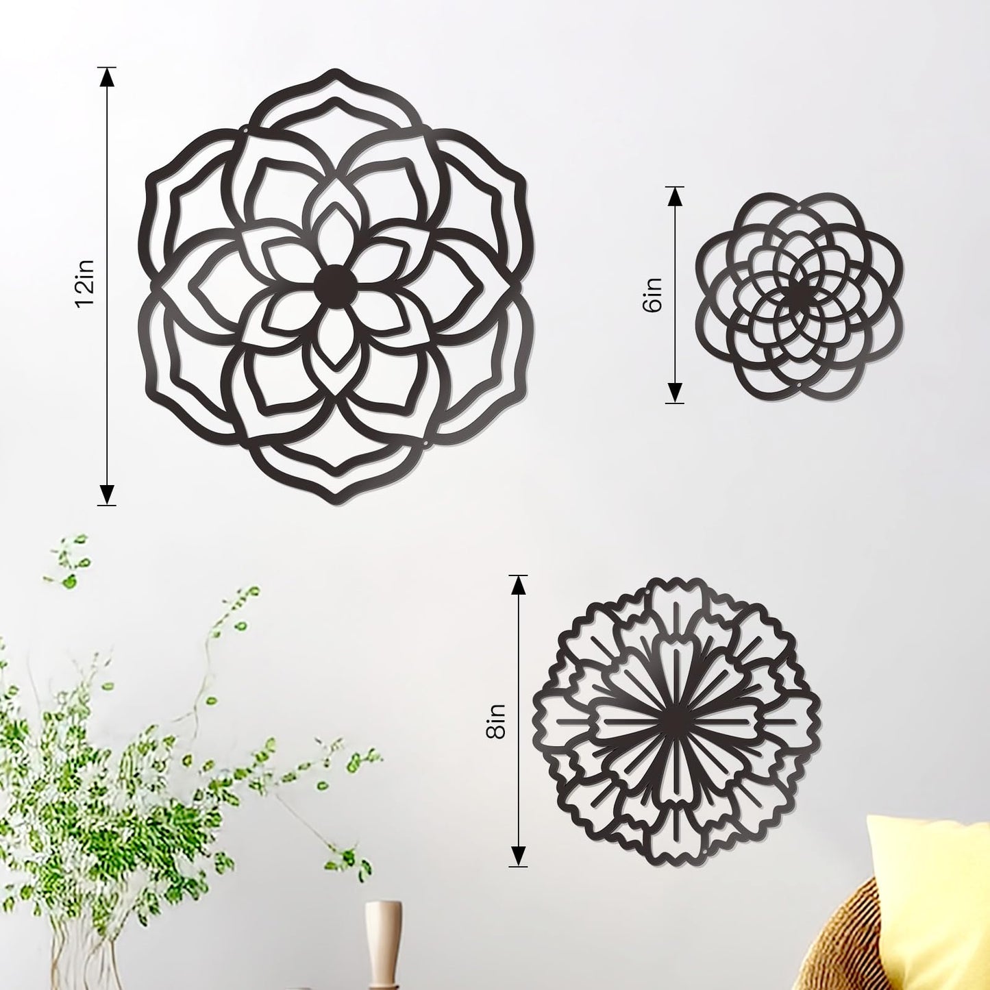 Zzbakress 3 Pcs Metal Flowers Wall Decor Black Wall Decoration Metal Flower Art Farmhouse Wall Decor Multiple Flowers Hanging Decor for Bathroom Living Room Kitchen Garden Office (Black Retro)