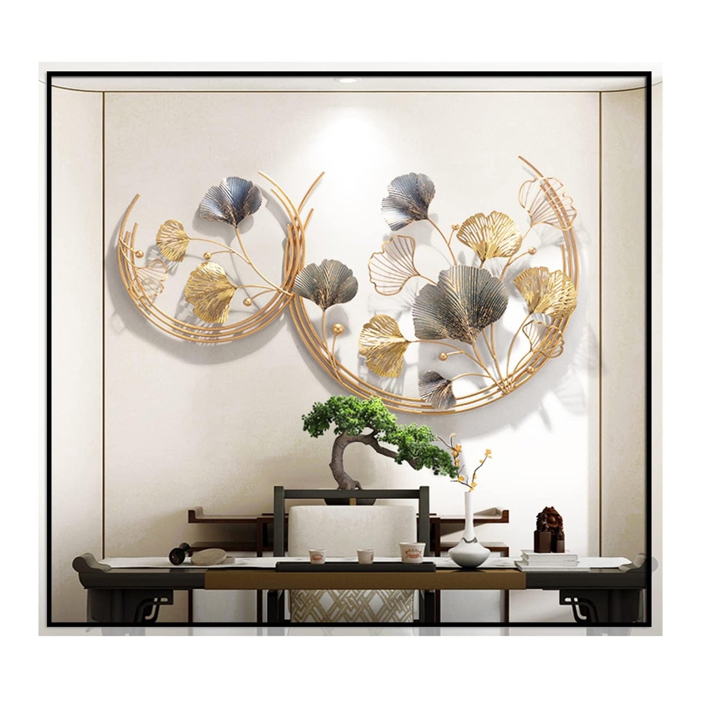 3D Room Wall Decor, Handmade Art Metal Round Golden Ginkgo Leaf Decorative Wall Sculpture for Home Living Room And Bedroom, 2 Pack