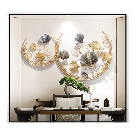 3D Room Wall Decor, Handmade Art Metal Round Golden Ginkgo Leaf Decorative Wall Sculpture for Home Living Room And Bedroom, 2 Pack