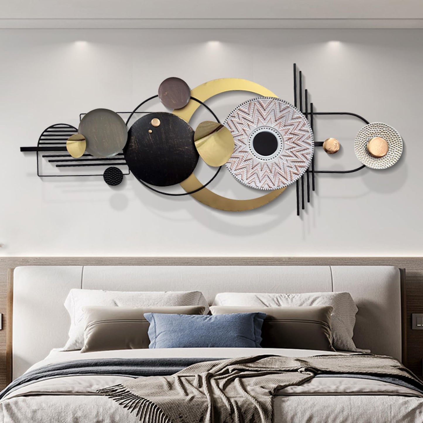 ERMOFAV Wall Decor,Modern Creative Metal Geometric Circular Decor Wall Art, 59x24 In Large 3D Textured Metal Wall Sculptures, Living Room Bedroom Den Aesthetic Wall Art Decor