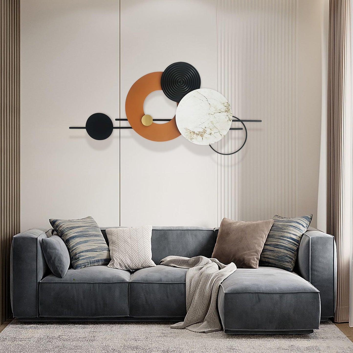 BECHAEO 3D Large Metal Wall Art Decor for Living Room 40"x19" Round Wall Accents Modern Luxury Wall Sculptures Hanging Wall Deco for Dinning Room Bedroom Entryway Office Outdoor