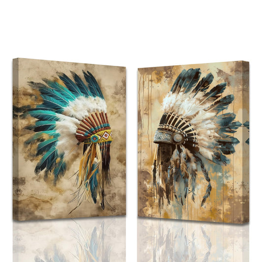 AWPANERAR 2 Pieces Native American Canvas Wall Art Indian Chief Feather Headdress Picture Prints Vintage Tribal Theme Painting Southwest Artwork Decor Framed (12.00" x 16.00" x 2PCS)