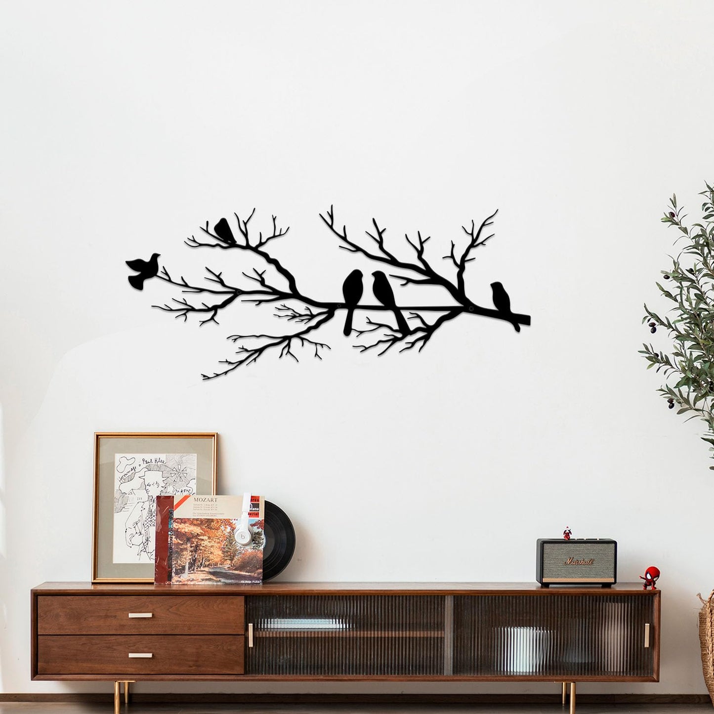 ESTART Metal Birds Wall Art, Metal Vivid Birds on Branch Silhouette Wall Decor Black Leaves with Bird Outdoor Hanging Wall Sculpture for Home Balcony Garden(Large)