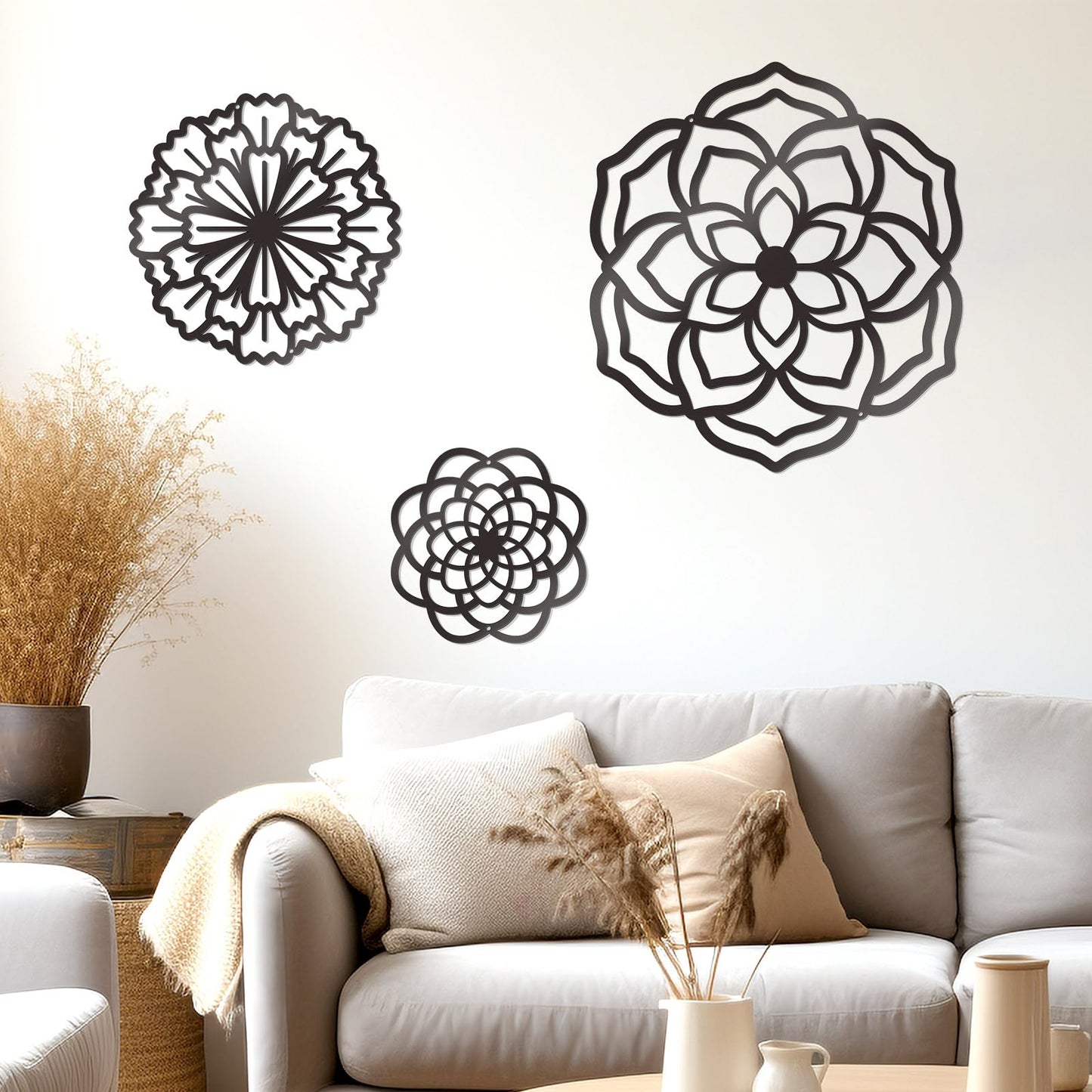 Zzbakress 3 Pcs Metal Flowers Wall Decor Black Wall Decoration Metal Flower Art Farmhouse Wall Decor Multiple Flowers Hanging Decor for Bathroom Living Room Kitchen Garden Office (Black Retro)